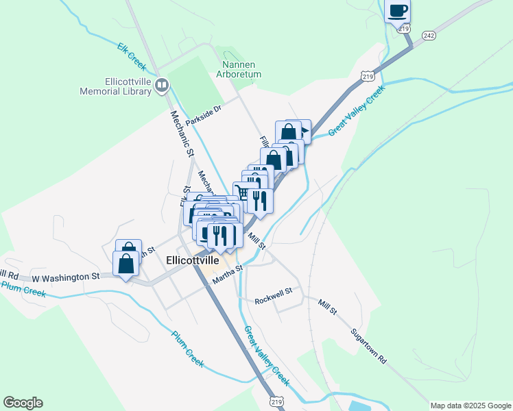 map of restaurants, bars, coffee shops, grocery stores, and more near 8 Washington Street in Ellicottville