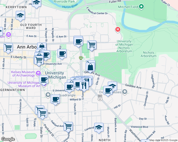 map of restaurants, bars, coffee shops, grocery stores, and more near 1341 Geddes Avenue in Ann Arbor