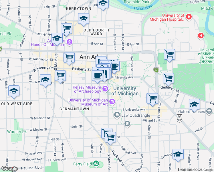 map of restaurants, bars, coffee shops, grocery stores, and more near in Ann Arbor