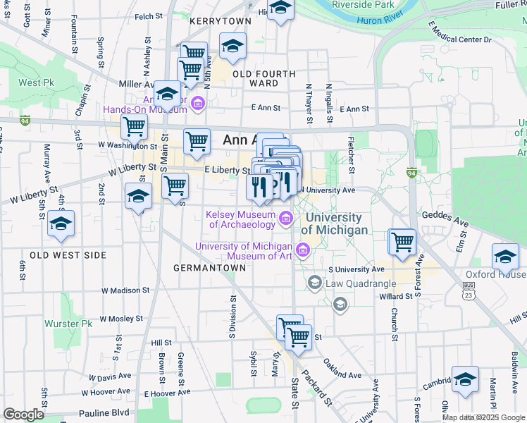 map of restaurants, bars, coffee shops, grocery stores, and more near 402 Maynard Street in Ann Arbor