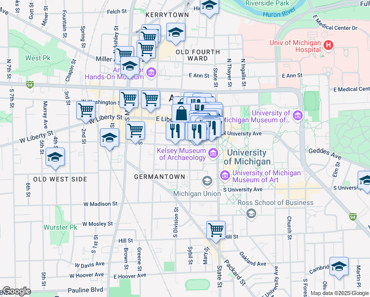 map of restaurants, bars, coffee shops, grocery stores, and more near in Ann Arbor