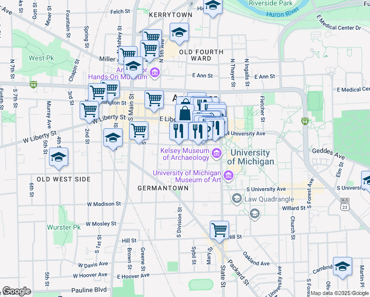 map of restaurants, bars, coffee shops, grocery stores, and more near in Ann Arbor