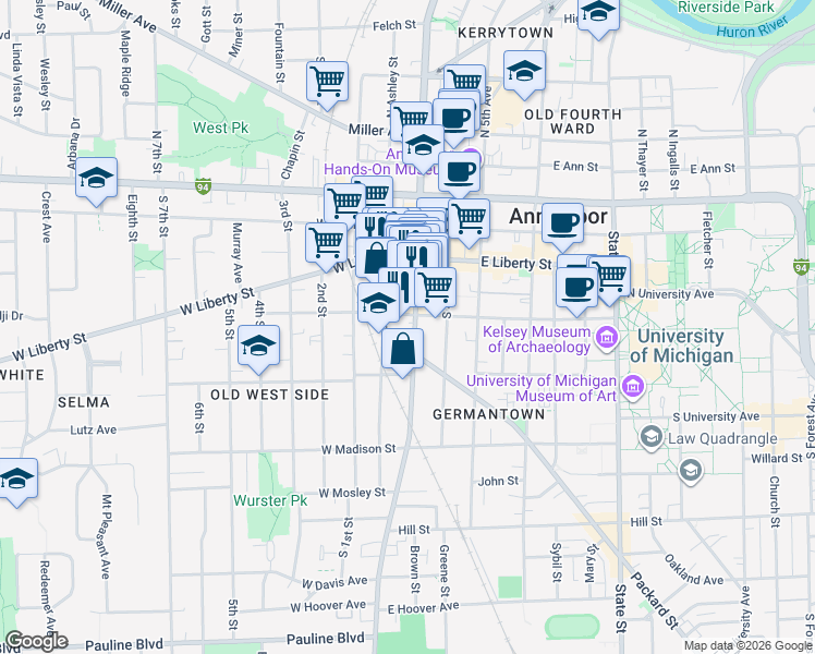 map of restaurants, bars, coffee shops, grocery stores, and more near 125 West William Street in Ann Arbor