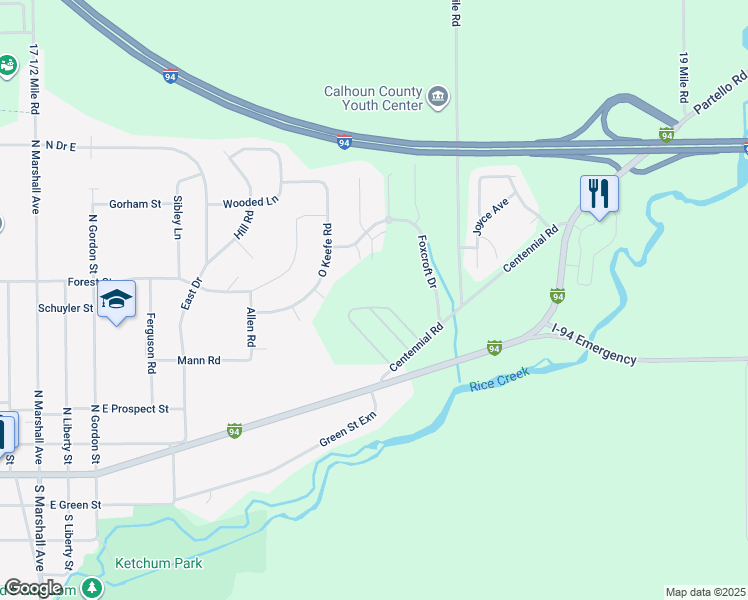 map of restaurants, bars, coffee shops, grocery stores, and more near Mann Road in Marshall