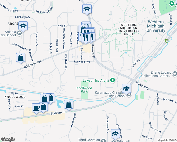 map of restaurants, bars, coffee shops, grocery stores, and more near 1321 Lafayette Avenue in Kalamazoo
