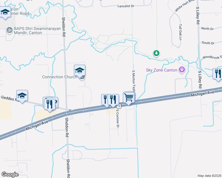 map of restaurants, bars, coffee shops, grocery stores, and more near 43600 Michigan Avenue in Canton