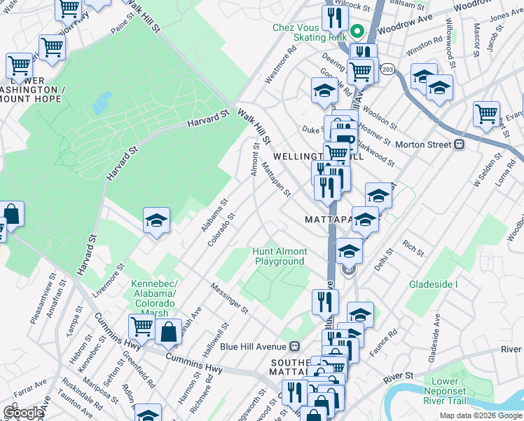 map of restaurants, bars, coffee shops, grocery stores, and more near 37 Itasca Street in Boston
