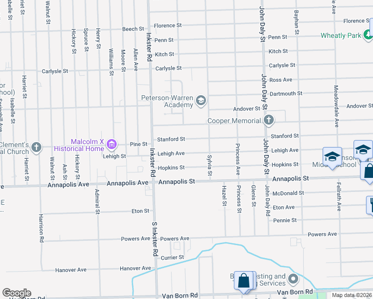 map of restaurants, bars, coffee shops, grocery stores, and more near 27218 Lehigh Street in Inkster