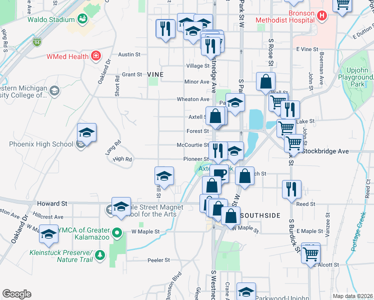 map of restaurants, bars, coffee shops, grocery stores, and more near 619 McCourtie Street in Kalamazoo
