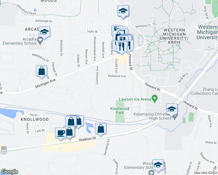 map of restaurants, bars, coffee shops, grocery stores, and more near 1406 Greenwood Ave in Kalamazoo Township