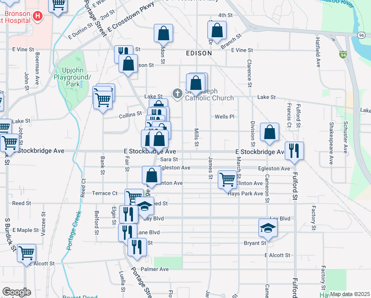 map of restaurants, bars, coffee shops, grocery stores, and more near 1021 East Stockbridge Avenue in Kalamazoo