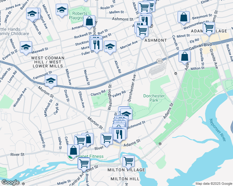 map of restaurants, bars, coffee shops, grocery stores, and more near 41 Valley Road in Boston