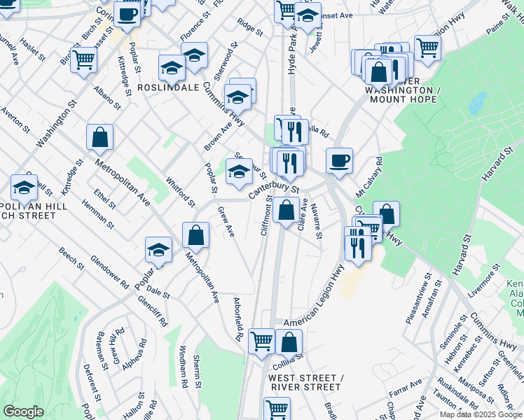 map of restaurants, bars, coffee shops, grocery stores, and more near 1 Cliffmont Street in Boston