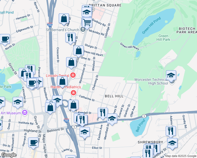 map of restaurants, bars, coffee shops, grocery stores, and more near 46 Channing Street in Worcester