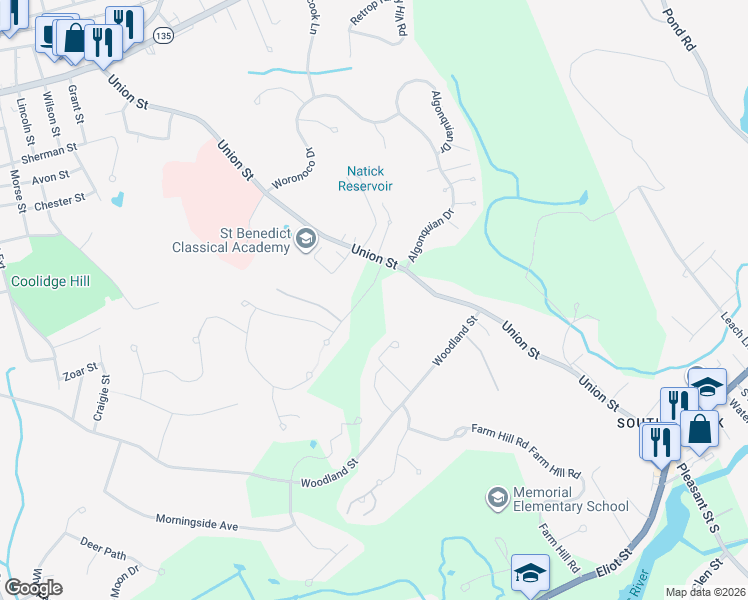 map of restaurants, bars, coffee shops, grocery stores, and more near 2 Arrow Path in Natick