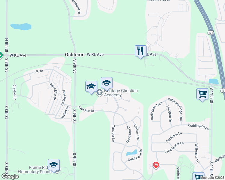 map of restaurants, bars, coffee shops, grocery stores, and more near 1213 Tanager Lane in Kalamazoo