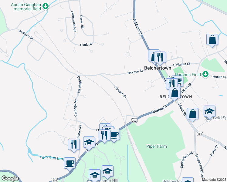 map of restaurants, bars, coffee shops, grocery stores, and more near 79 Howard Street in Belchertown