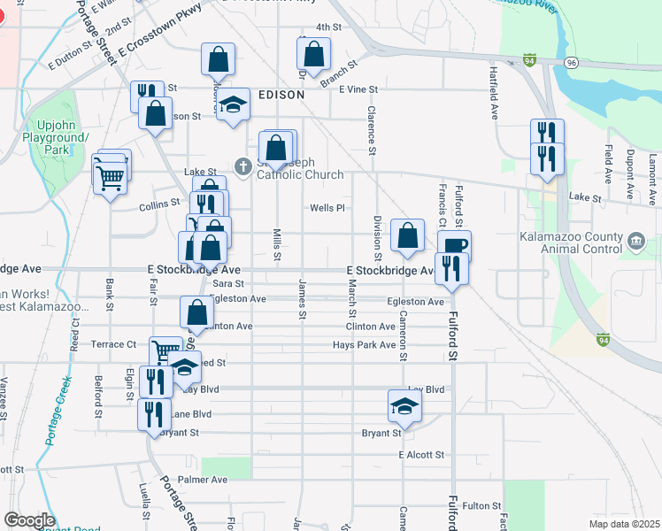 map of restaurants, bars, coffee shops, grocery stores, and more near 1303 East Stockbridge Avenue in Kalamazoo