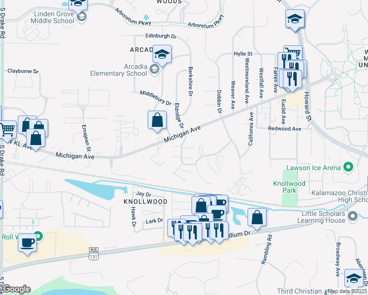 map of restaurants, bars, coffee shops, grocery stores, and more near 3497 Kenbrooke Court in Kalamazoo