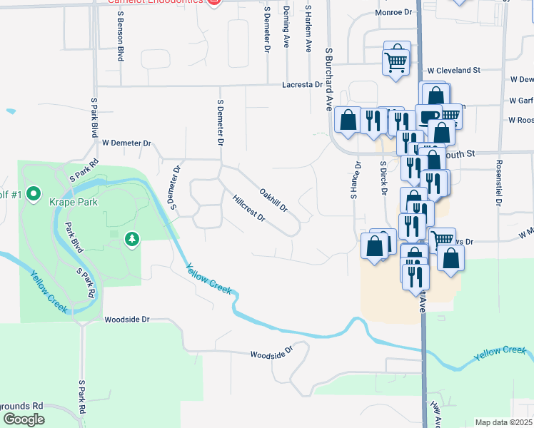 map of restaurants, bars, coffee shops, grocery stores, and more near 1156 Hillcrest Drive in Freeport