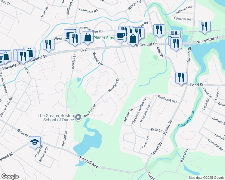 map of restaurants, bars, coffee shops, grocery stores, and more near 9 Post Oak Lane in Natick