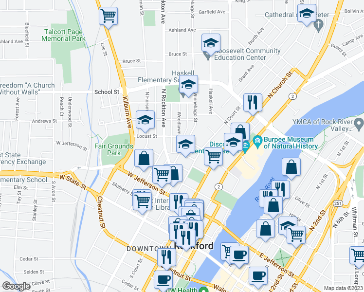 map of restaurants, bars, coffee shops, grocery stores, and more near 534 North Winnebago Street in Rockford