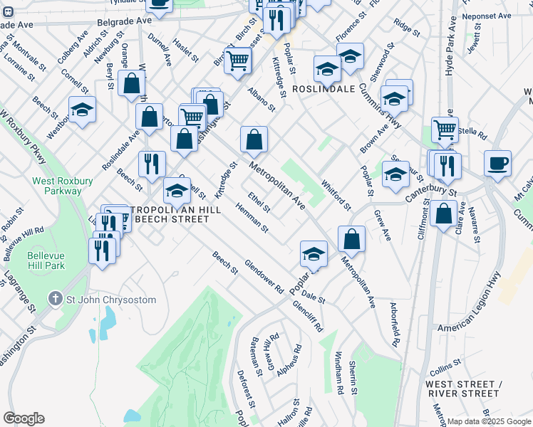 map of restaurants, bars, coffee shops, grocery stores, and more near 31 Ethel Street in Boston