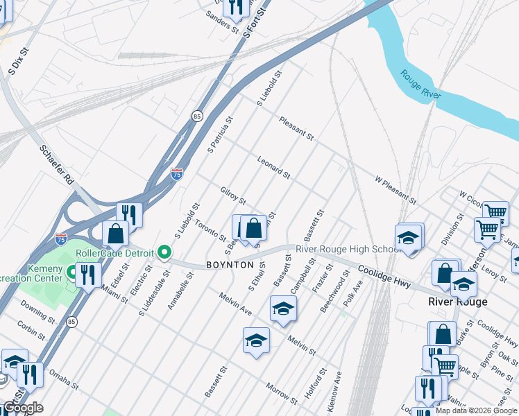map of restaurants, bars, coffee shops, grocery stores, and more near 1335 South Beatrice Street in Detroit