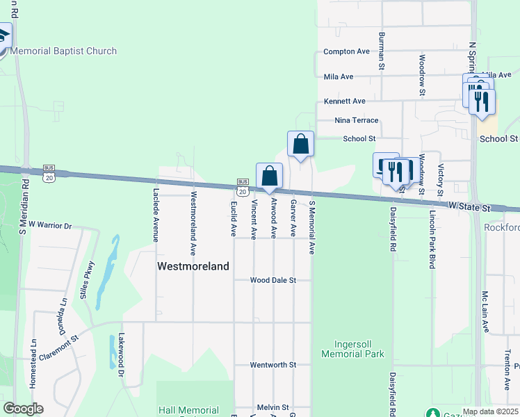 map of restaurants, bars, coffee shops, grocery stores, and more near 116 Vincent Avenue in Rockford