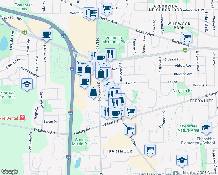 map of restaurants, bars, coffee shops, grocery stores, and more near 2350 West Stadium Boulevard in Ann Arbor