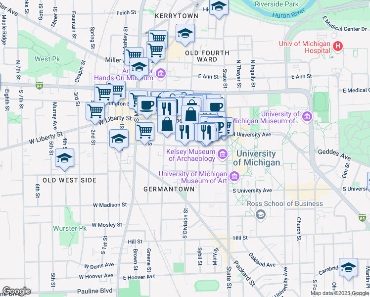map of restaurants, bars, coffee shops, grocery stores, and more near 400 South Division Street in Ann Arbor