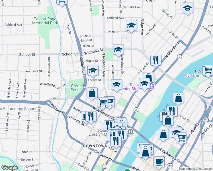 map of restaurants, bars, coffee shops, grocery stores, and more near 528 Woodlawn Avenue in Rockford