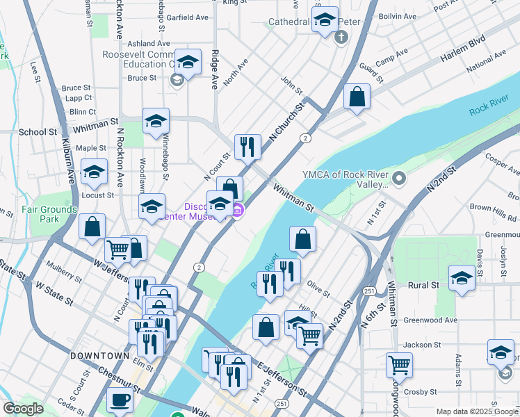 map of restaurants, bars, coffee shops, grocery stores, and more near 813 Illinois 2 in Rockford