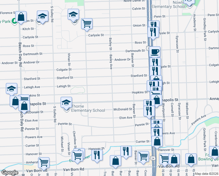 map of restaurants, bars, coffee shops, grocery stores, and more near 24619 Lehigh Street in Dearborn Heights