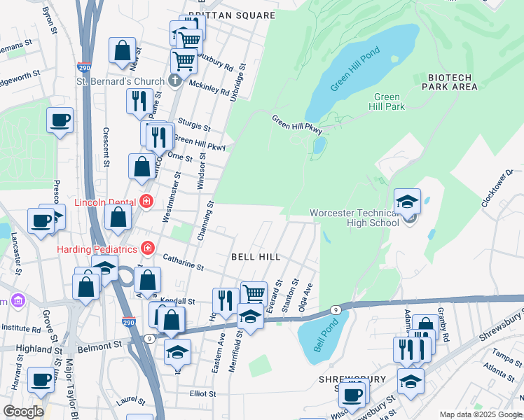 map of restaurants, bars, coffee shops, grocery stores, and more near 24 Hermitage Lane in Worcester