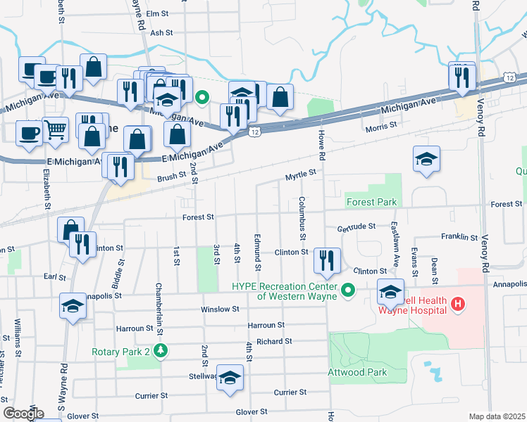 map of restaurants, bars, coffee shops, grocery stores, and more near 4112 Carnegie Street in Wayne