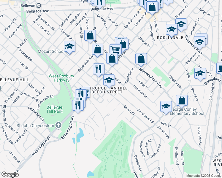 map of restaurants, bars, coffee shops, grocery stores, and more near 426 Beech Street in Boston