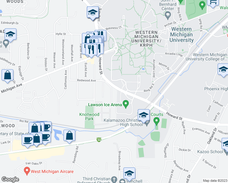 map of restaurants, bars, coffee shops, grocery stores, and more near 1329 Knollwood Avenue in Kalamazoo