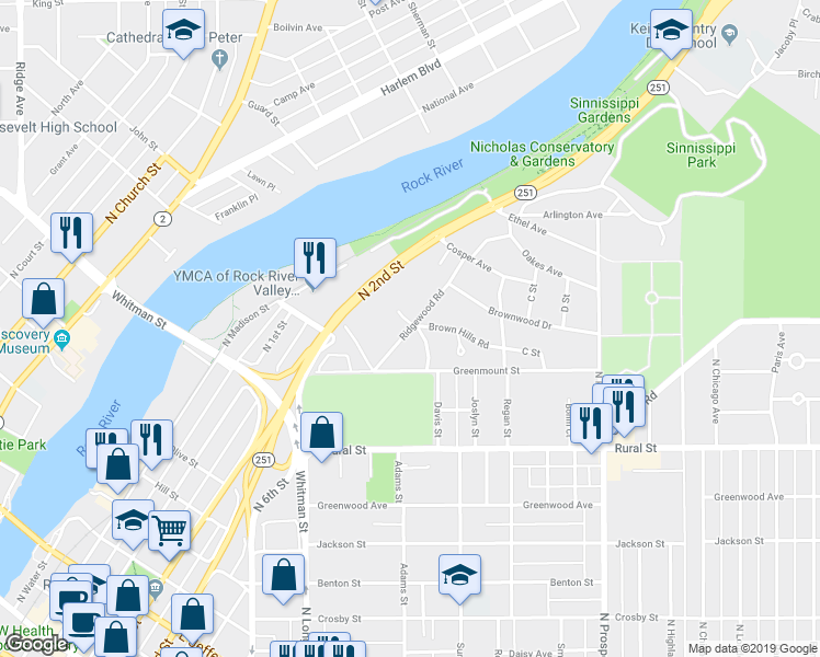 map of restaurants, bars, coffee shops, grocery stores, and more near 898 Ridgewood Road in Rockford