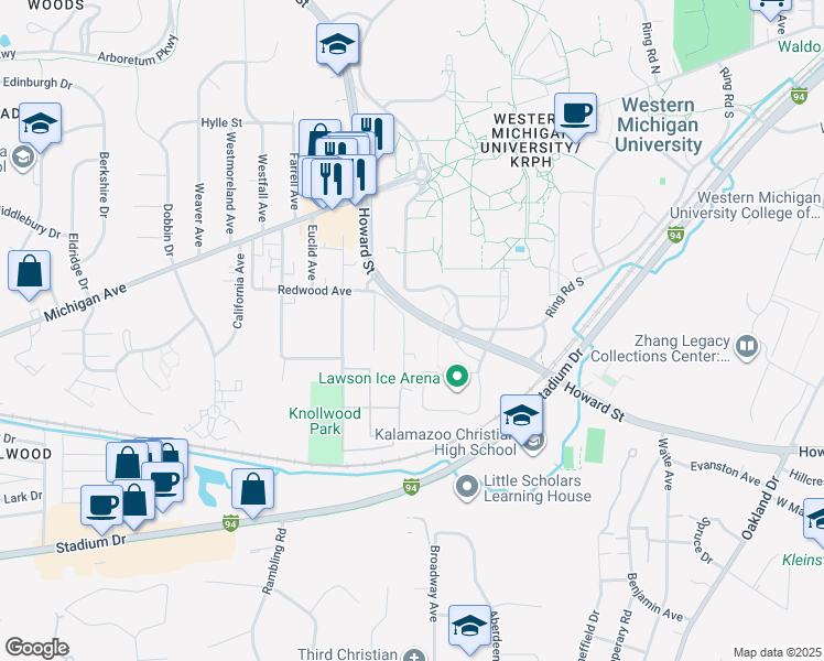 map of restaurants, bars, coffee shops, grocery stores, and more near 1328 Knollwood Avenue in Kalamazoo