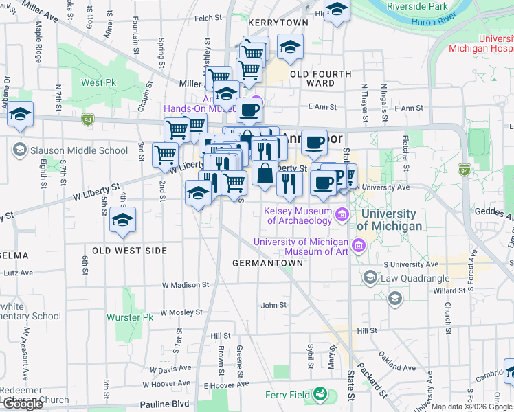 map of restaurants, bars, coffee shops, grocery stores, and more near 406 South 5th Avenue in Ann Arbor