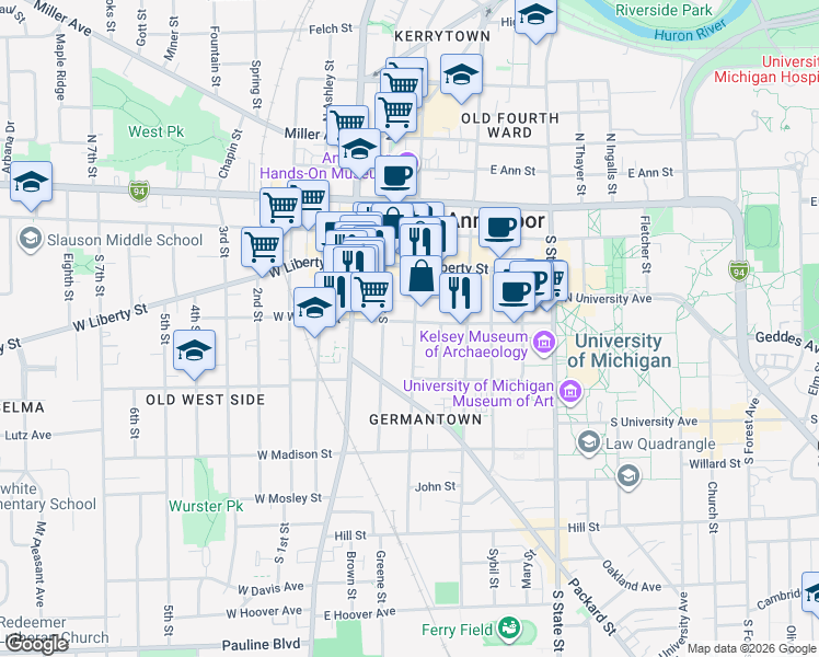map of restaurants, bars, coffee shops, grocery stores, and more near 406 South 5th Avenue in Ann Arbor
