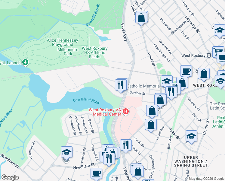 map of restaurants, bars, coffee shops, grocery stores, and more near in Boston