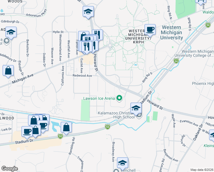 map of restaurants, bars, coffee shops, grocery stores, and more near 1328 Knollwood Avenue in Kalamazoo