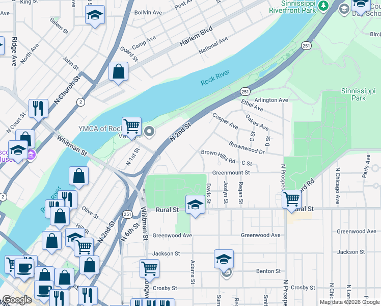 map of restaurants, bars, coffee shops, grocery stores, and more near 842 Ridgewood Road in Rockford