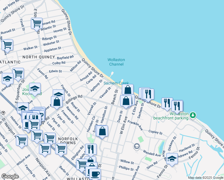 map of restaurants, bars, coffee shops, grocery stores, and more near 677 Quincy Shore Drive in Quincy