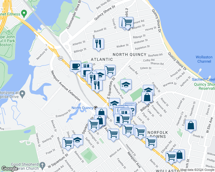 map of restaurants, bars, coffee shops, grocery stores, and more near 50 East Squantum Street in Quincy