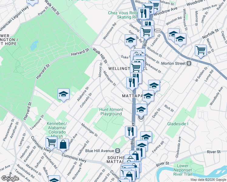 map of restaurants, bars, coffee shops, grocery stores, and more near 76 Hiawatha Road in Boston