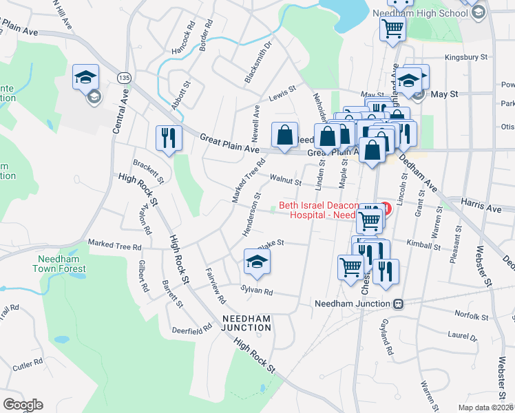 map of restaurants, bars, coffee shops, grocery stores, and more near 144 Oak Street in Needham