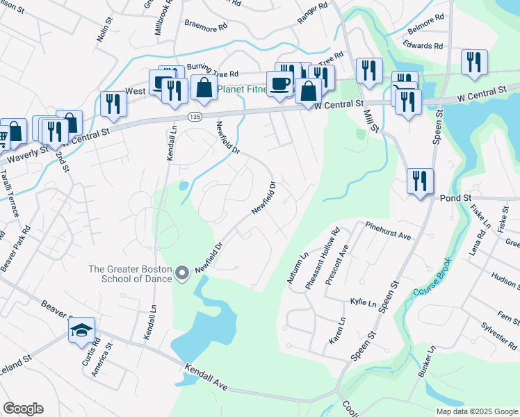 map of restaurants, bars, coffee shops, grocery stores, and more near 3 Post Oak Lane in Natick